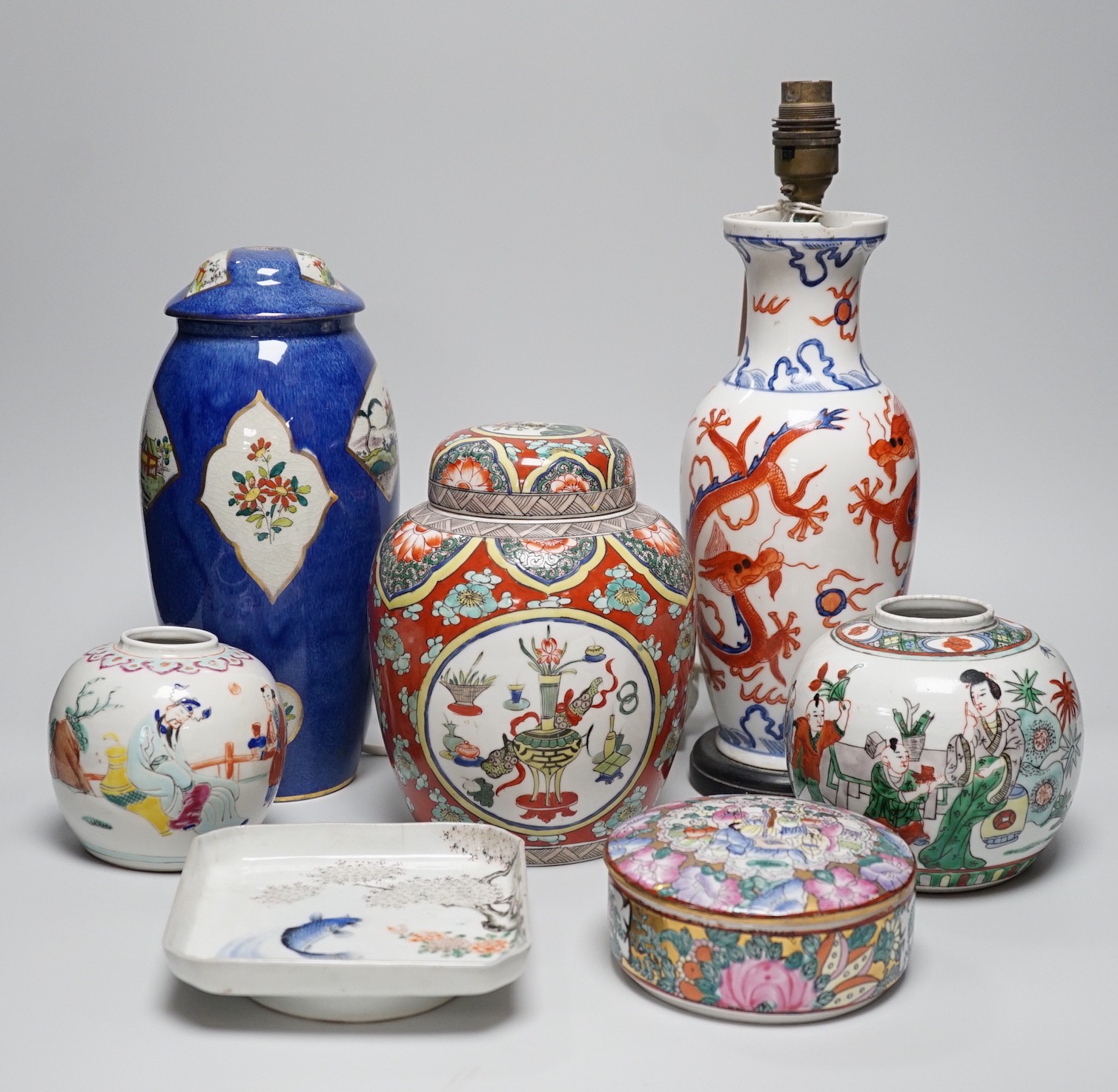 A group of Chinese famille rose jars, Paris porcelain lamps etc - tallest 34.5cm